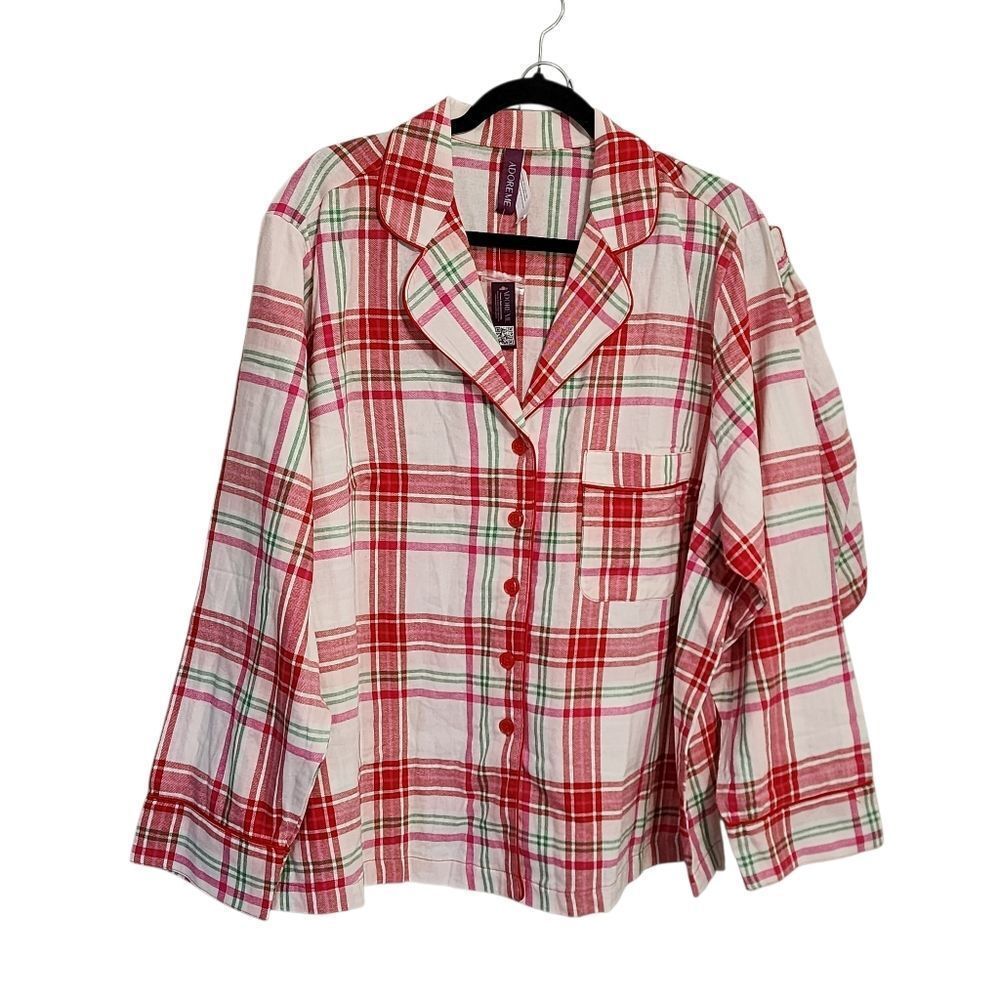 Adore Me Pajama Set 2X Red White Plaid Flannel Shorts Long Sleeve Button Up NWT